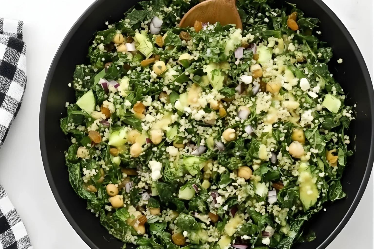 Kale Quinoa Salad with Chickpeas, Cucumber, and Lemon Dressing