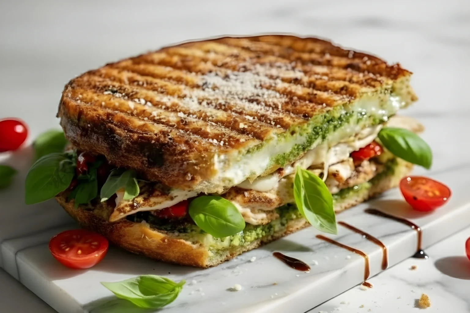 Loaded Chicken Pesto Panini with Fresh Basil and Cherry Tomatoes