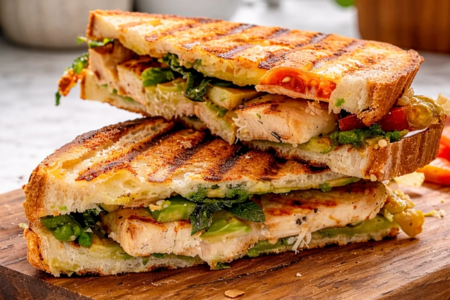 Grilled Chicken and Avocado Panini with Fresh Veggies and Sesame Bread