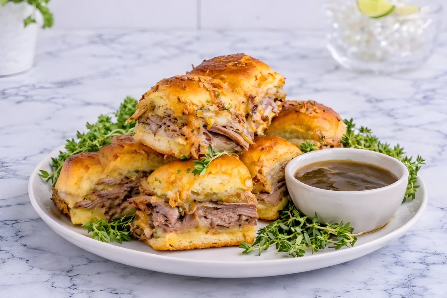 French dip sliders with roast beef and melted provolone served with au jus