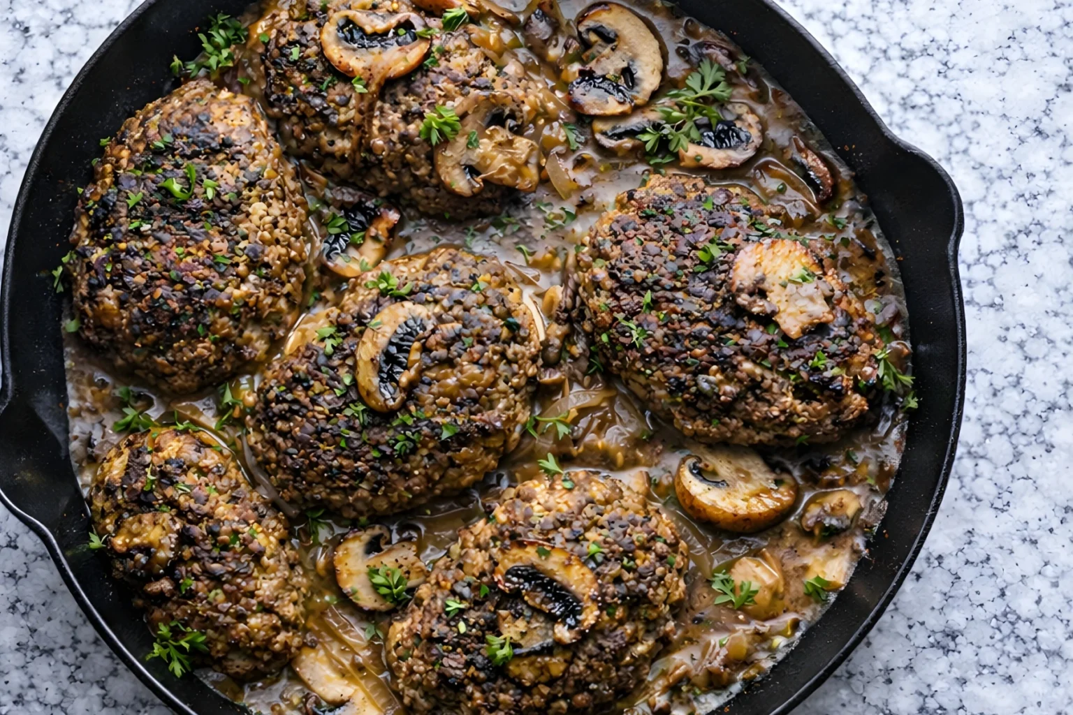 Old Fashioned Salisbury Steak patties in mushroom gravy cooked in a skillet