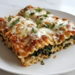Cheesy Spinach Lasagna Rolls baked with creamy ricotta, fresh spinach, marinara sauce, and melted mozzarella on a white plate.