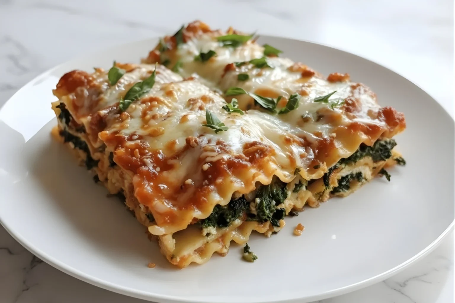 Cheesy Spinach Lasagna Rolls baked with creamy ricotta, fresh spinach, marinara sauce, and melted mozzarella on a white plate.