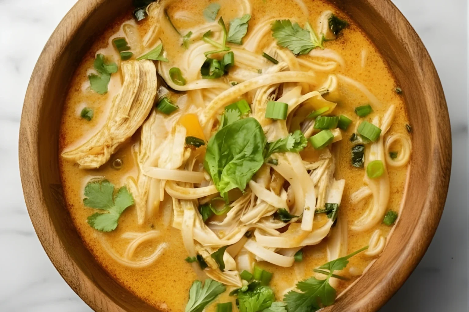 Bowl of Thai Chicken Curry Soup with rice noodles, shredded chicken, cilantro, and green onions