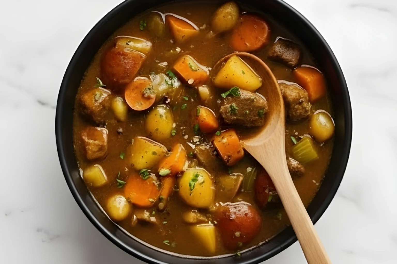 Old Fashioned Beef Stew with tender beef, carrots, potatoes, and celery served in a black bowl.