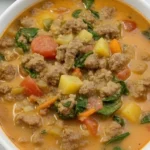 Close-up of Hearty Pizza Soup with Ground Beef, Carrots, Potatoes, and Spinach