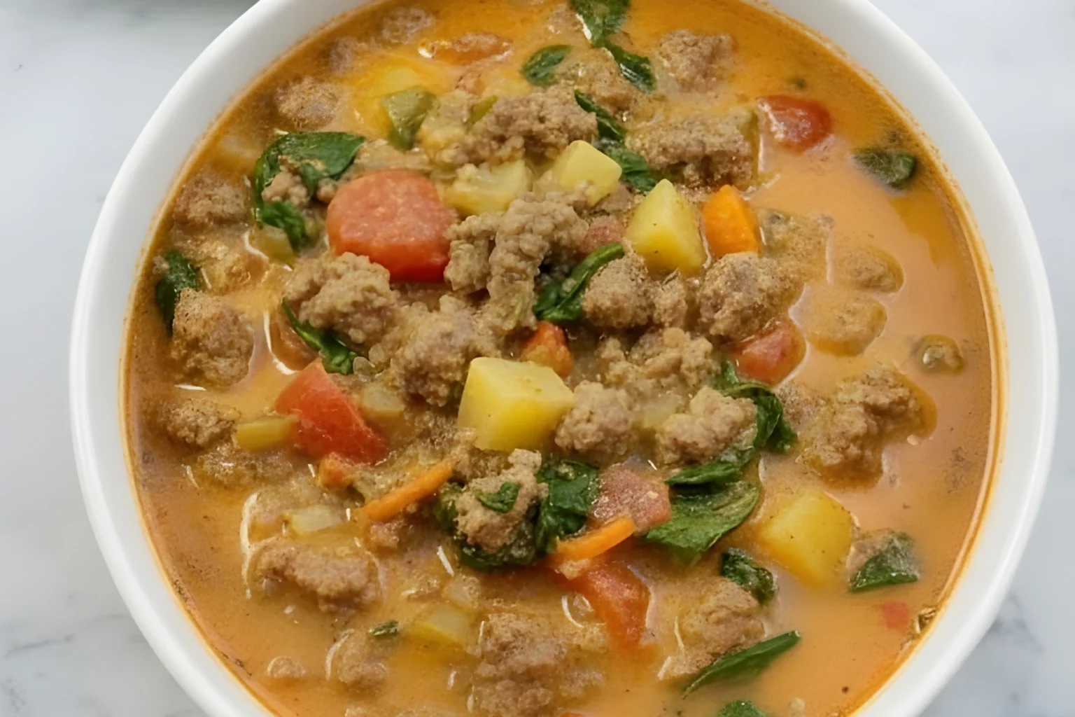 Close-up of Hearty Pizza Soup with Ground Beef, Carrots, Potatoes, and Spinach