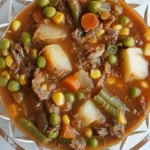 Vegetable Beef Soup with Potatoes, Carrots, and Mixed Veggies in Broth