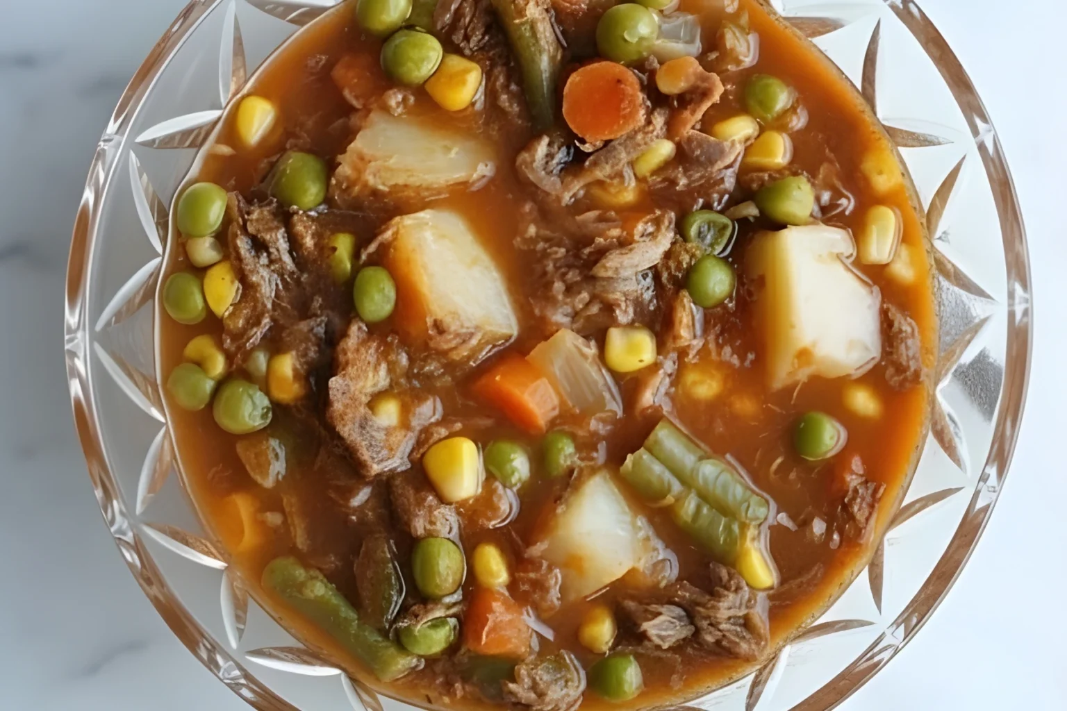 Vegetable Beef Soup with Potatoes, Carrots, and Mixed Veggies in Broth