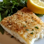 Crispy Parmesan Crusted White Fish fillet served with arugula and lemon wedge on a white plate.