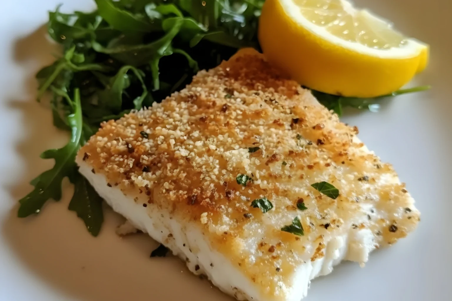 Crispy Parmesan Crusted White Fish fillet served with arugula and lemon wedge on a white plate.