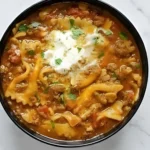 Delicious homemade lasagna soup with ground beef, pasta, and melted cheese