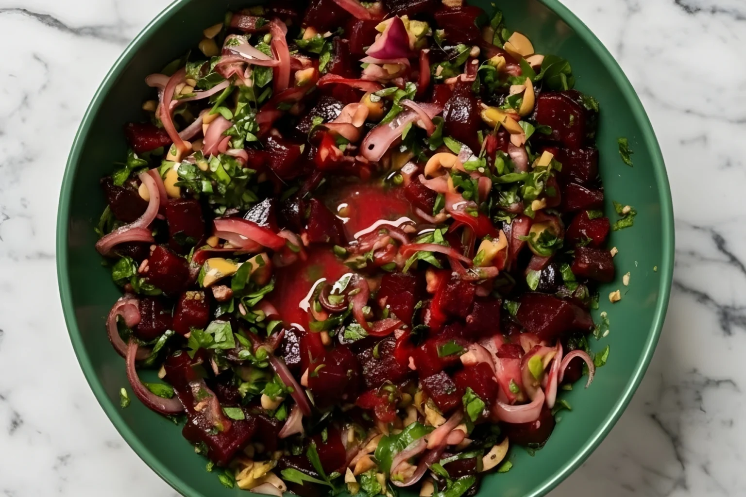 Fresh pickled beet salad with onions, herbs, and pistachios in a green bowl.