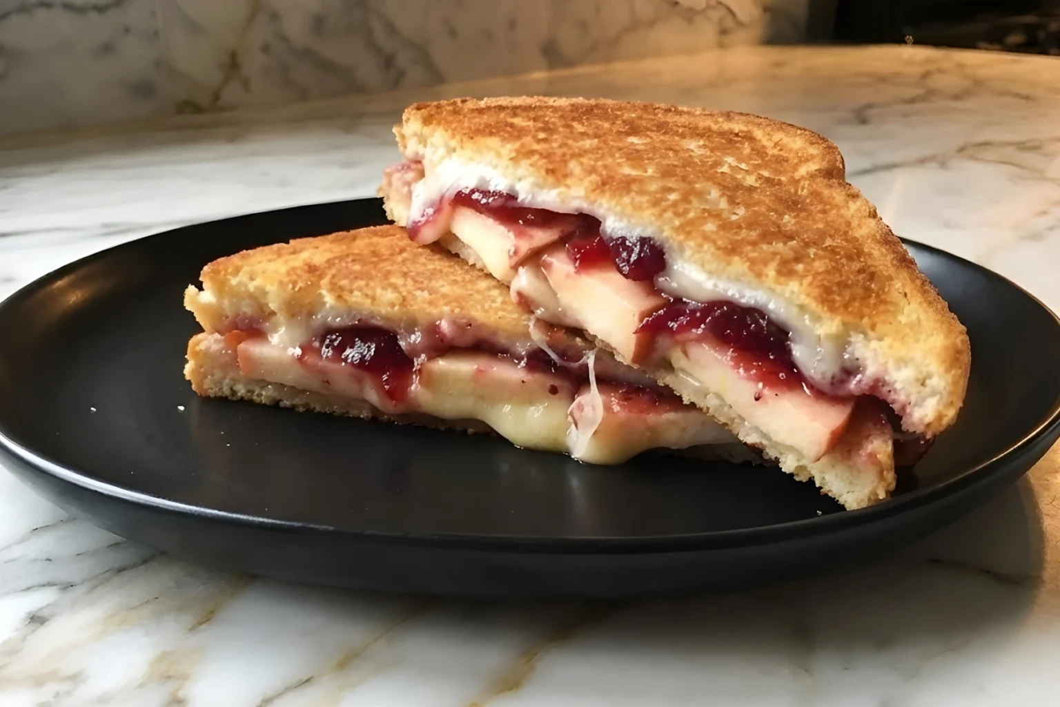 Apple Cranberry Grilled Cheese Sandwich with melted Swiss cheese, fresh apples, and cranberry sauce on golden toasted bread