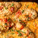 Baked feta chicken with tomatoes, garlic, and creamy sauce in a baking dish