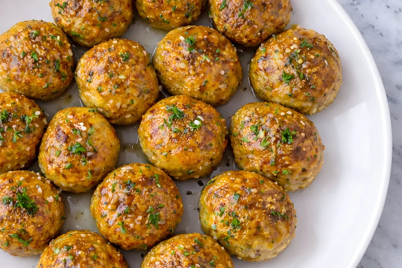 Baked chicken meatballs glazed with garlic butter and herbs served on a white platter