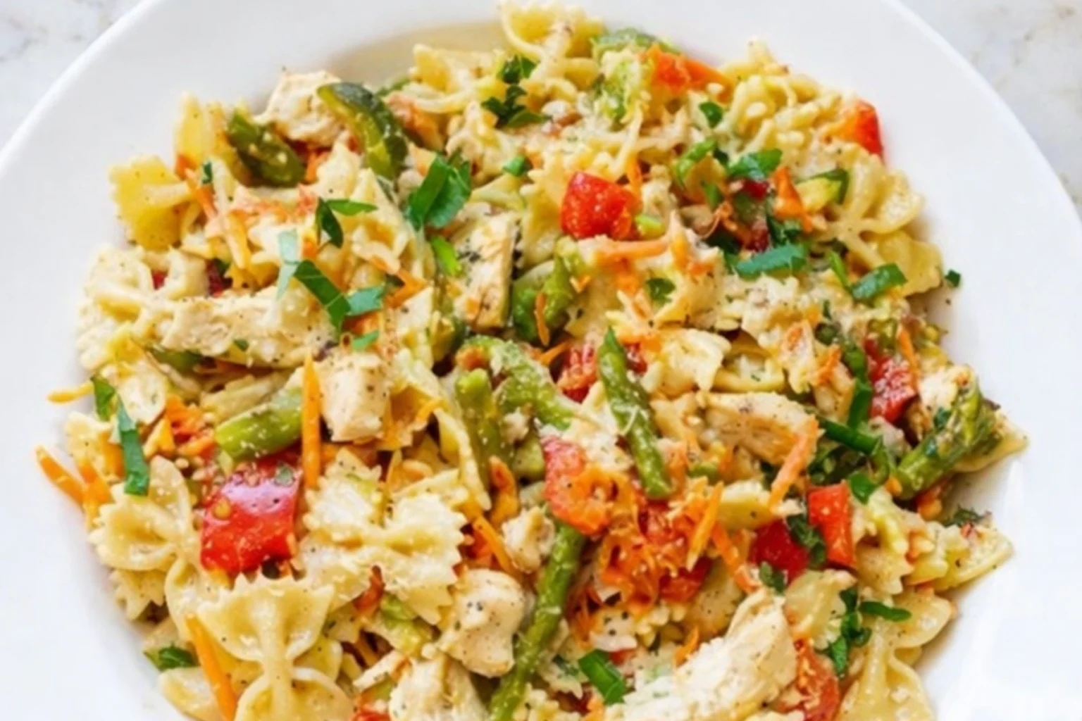 Creamy chicken pasta primavera with fresh vegetables and herbs