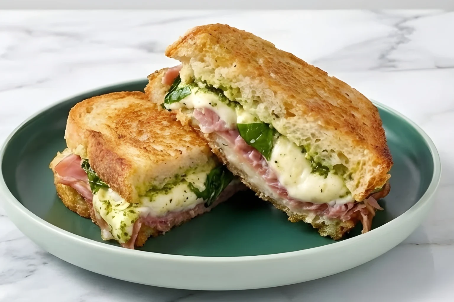 Grilled sourdough sandwich with prosciutto, mozzarella, fresh basil, and pesto on a green plate