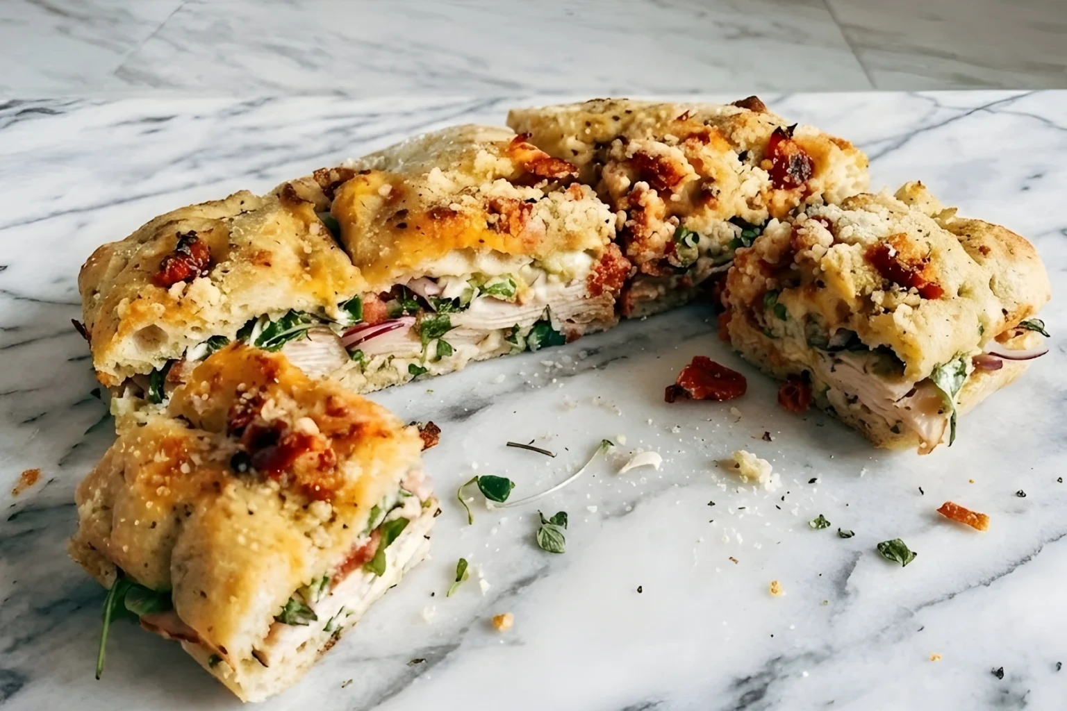 Focaccia turkey sandwich sliced into portions with pesto mayo turkey tomato and greens on toasted sun dried tomato focaccia