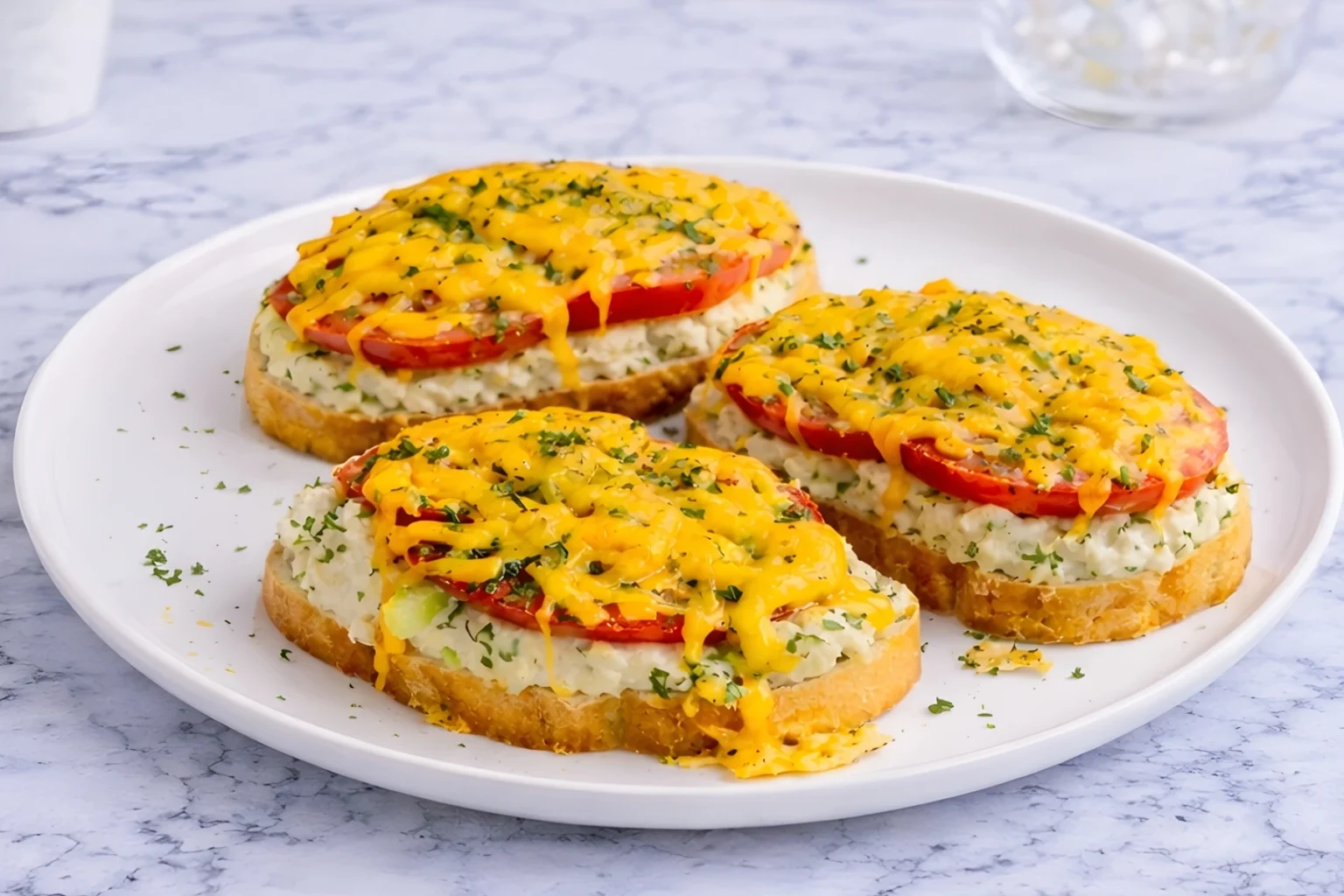 Three open-faced tuna melt sandwiches topped with tomato slices and melted cheddar on toasted bread, garnished with parsley