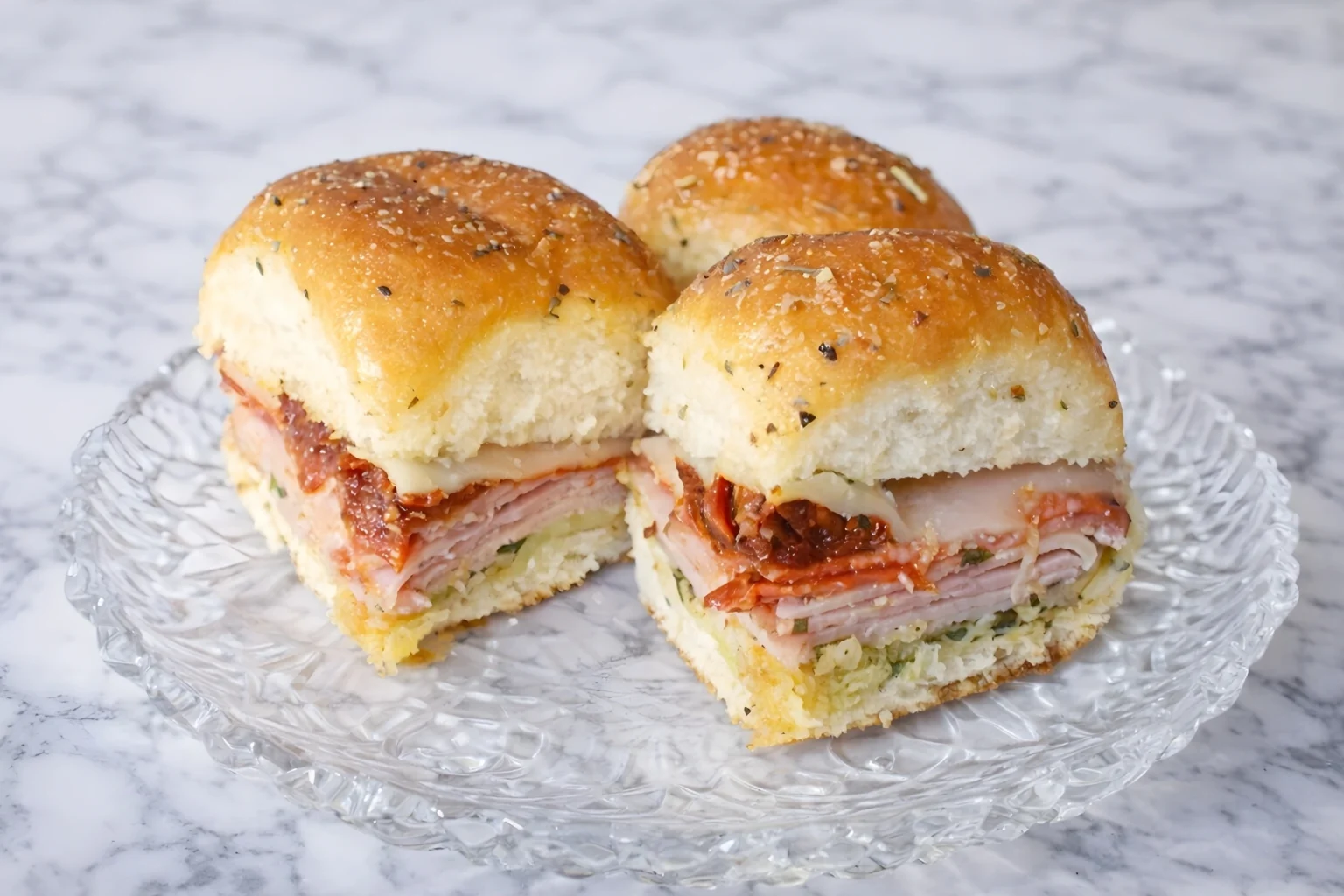 Italian pesto sandwiches made with ham salami pepperoni provolone cheese and sun dried tomatoes on soft baked rolls