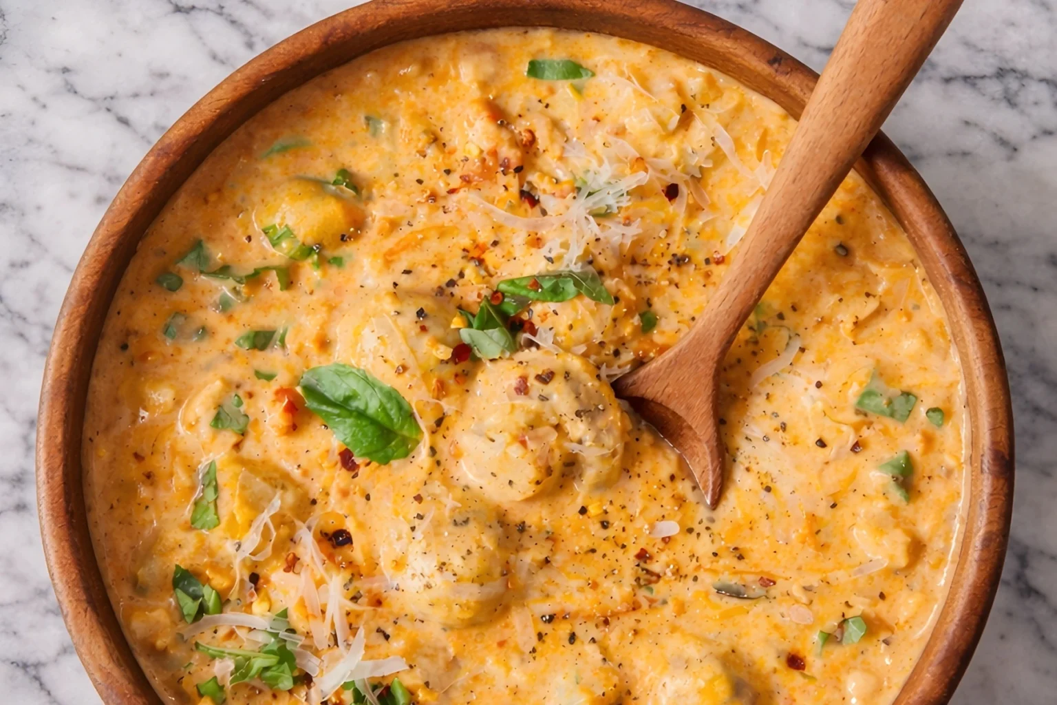 Creamy Tuscan Marry Me Mushrooms cooked in a rich garlic parmesan sauce with basil and red pepper flakes served in a rustic bowl