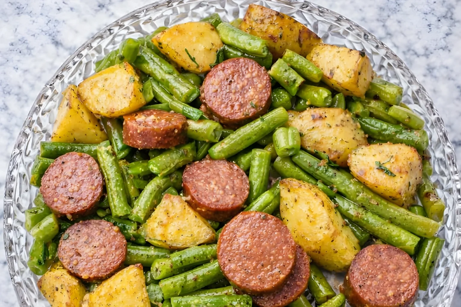 Smoked sausage and potatoes with green beans on white plate