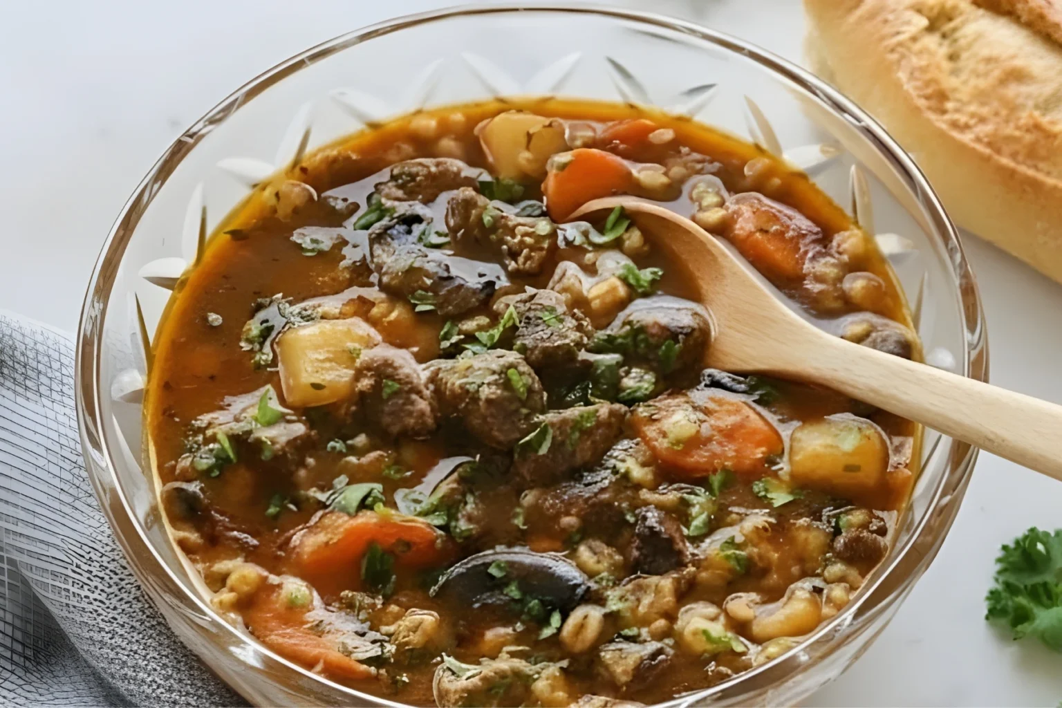 Bowl of Slow Cooker Beef Barley Stew filled with tender beef, carrots, mushrooms, and potatoes in a thick savory broth, garnished with fresh parsley and served with crusty bread.