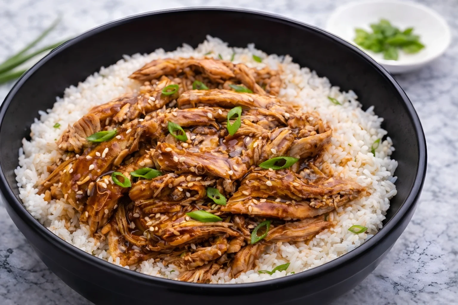 Crockpot teriyaki chicken served over white rice with sesame seeds and green onions