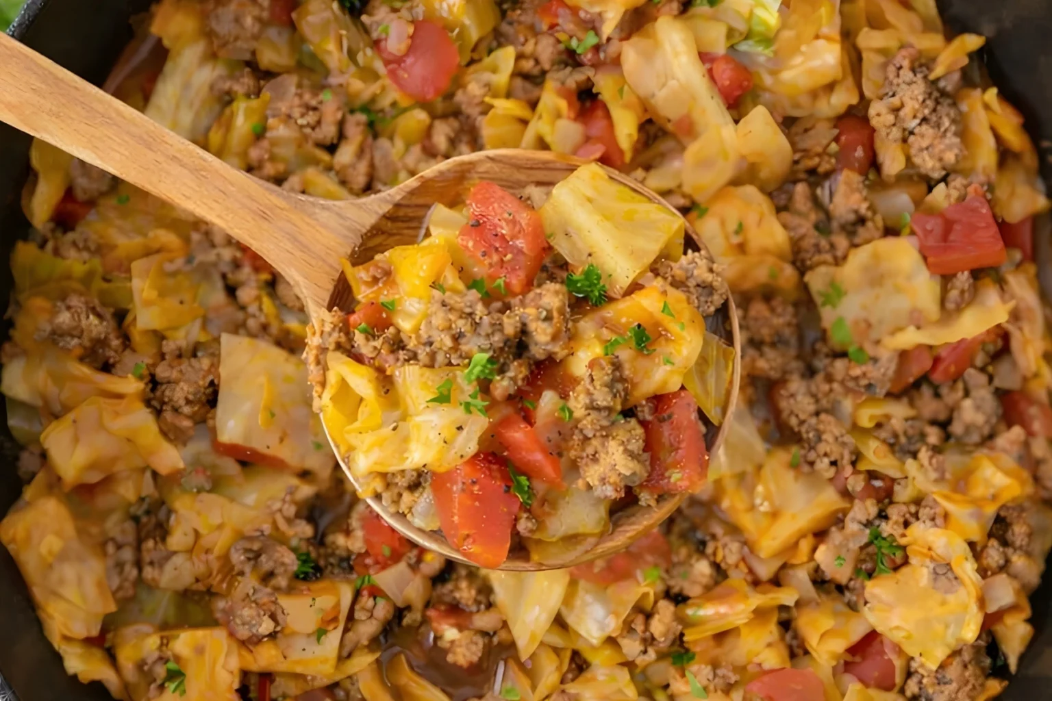 Unstuffed cabbage rolls cooked in one pot with ground beef tomatoes and tender cabbage
