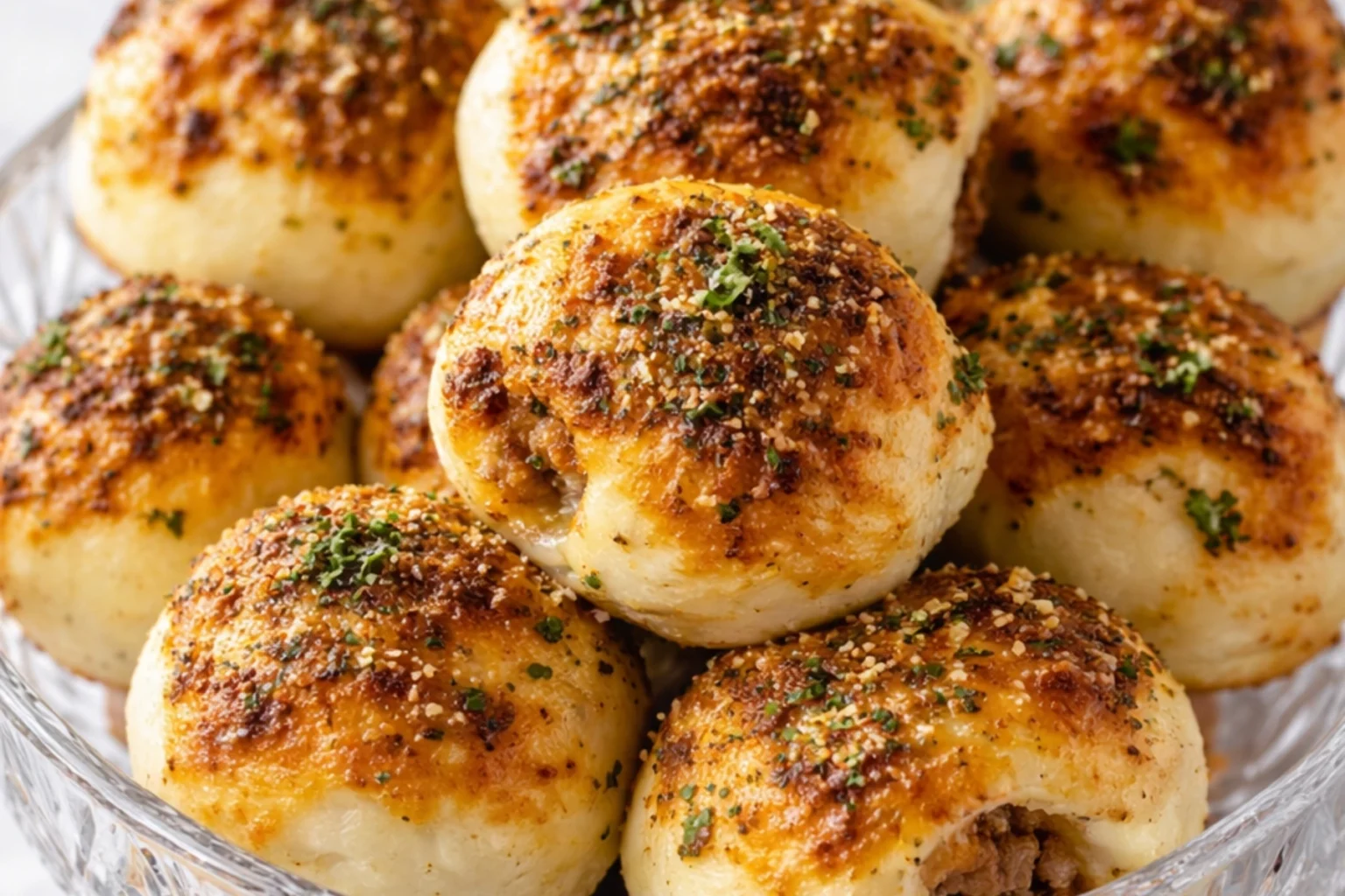 Garlic parmesan cheeseburger bombs baked golden with buttery garlic topping and melted cheese inside, served as bite sized stuffed biscuits