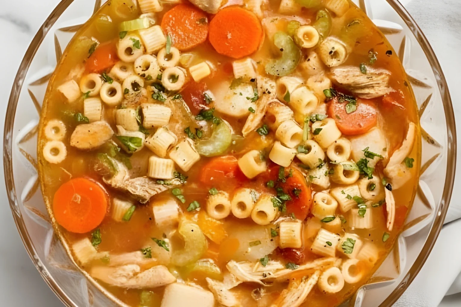 Sicilian Chicken Soup with ditalini pasta carrots celery and tender shredded chicken in a cozy Italian broth