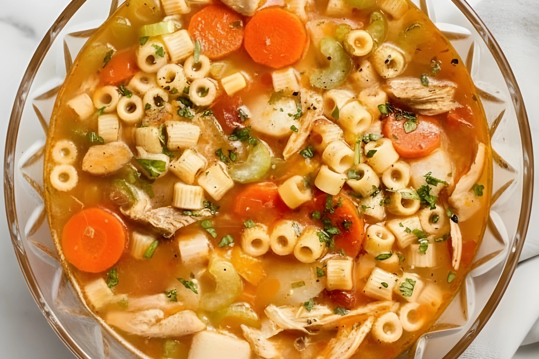 Sicilian Chicken Soup with ditalini pasta carrots celery and tender shredded chicken in a cozy Italian broth