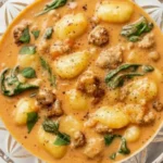 Bowl of creamy Italian sausage gnocchi soup with spinach and potato gnocchi in a rich tomato cream broth on a marble surface.