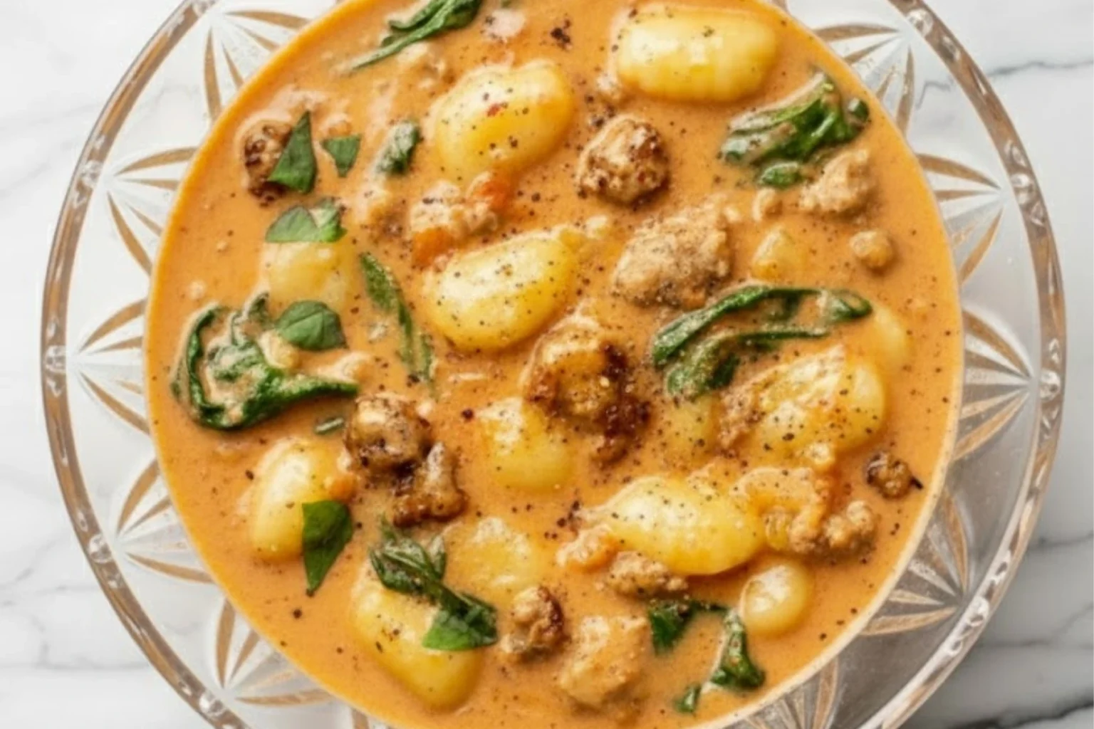 Bowl of creamy Italian sausage gnocchi soup with spinach and potato gnocchi in a rich tomato cream broth on a marble surface.