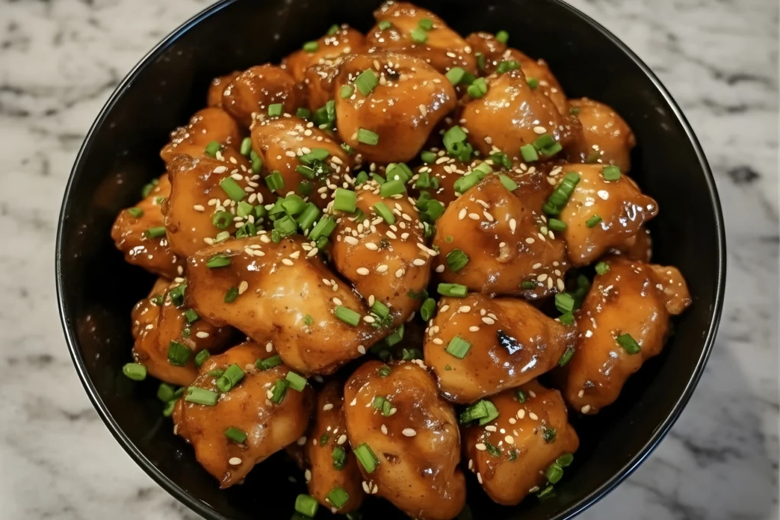 Honey Garlic Chicken Bites with Sesame and Green Onions