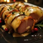 Cheesy Christmas Ham Roll-Ups with Melted Cheese and Holiday Garnish