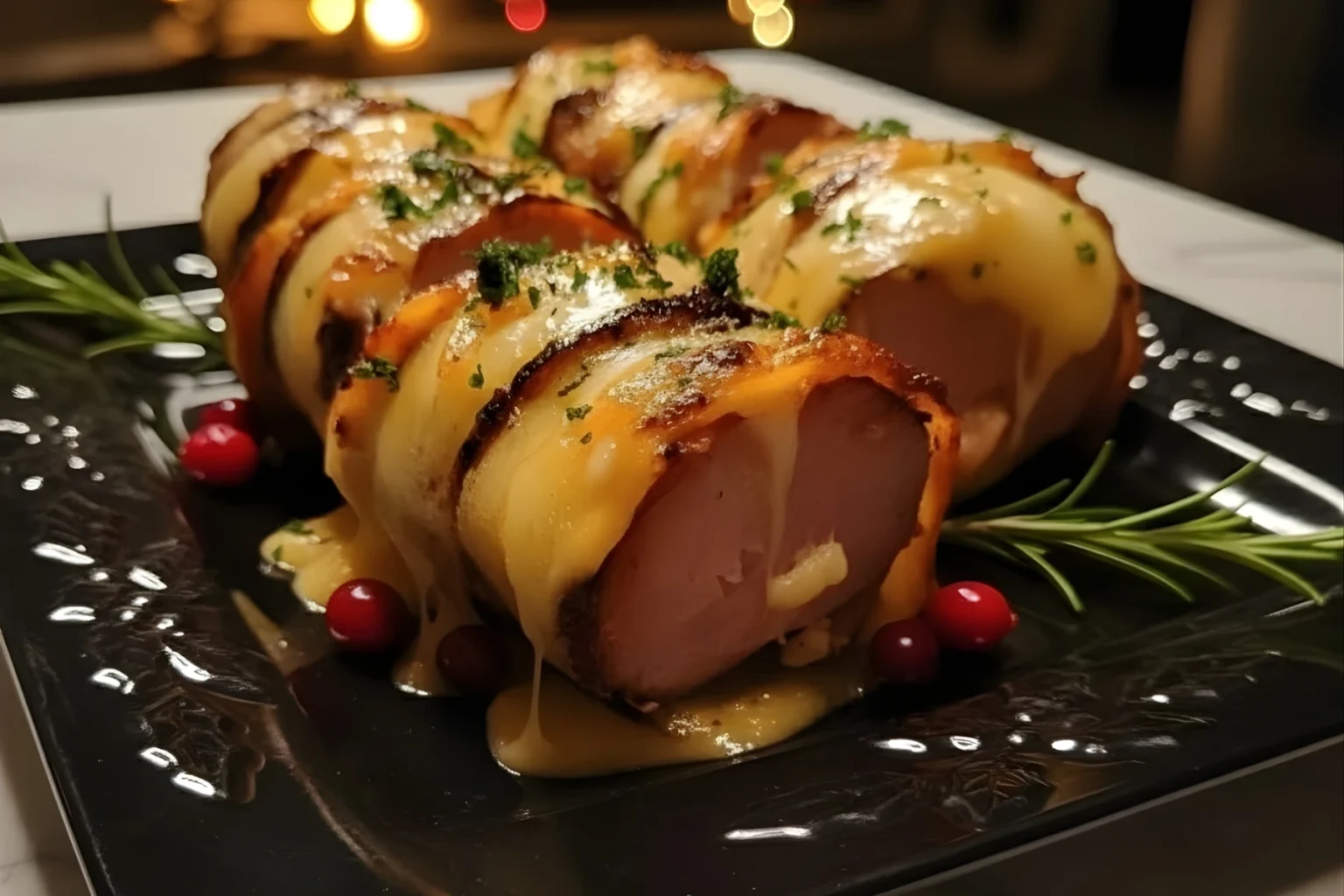 Cheesy Christmas Ham Roll-Ups with Melted Cheese and Holiday Garnish