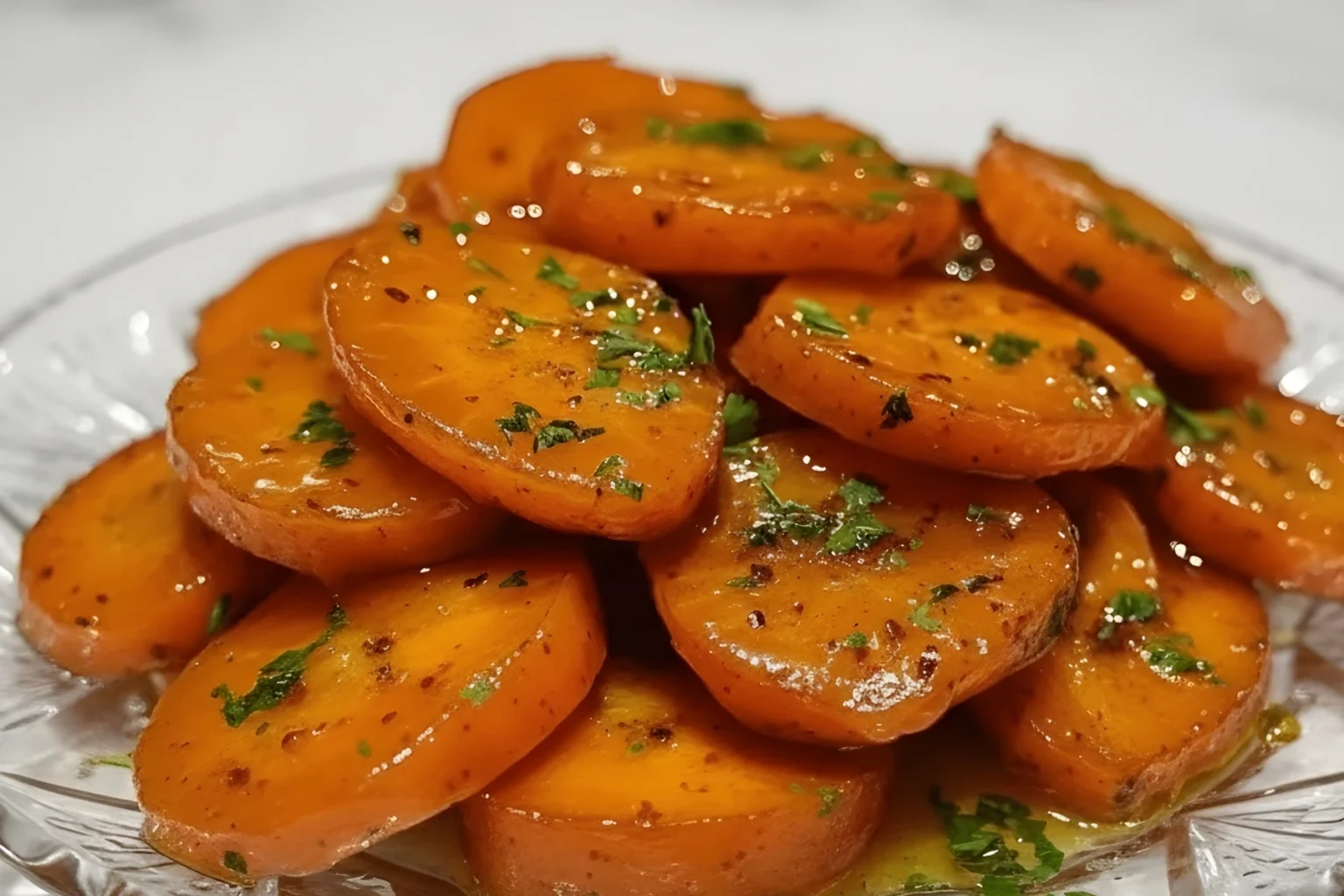 Honey glazed carrot coins stacked on a glass plate, glistening with a rich butter-honey glaze and sprinkled with fresh parsley for a vibrant, glossy finish.