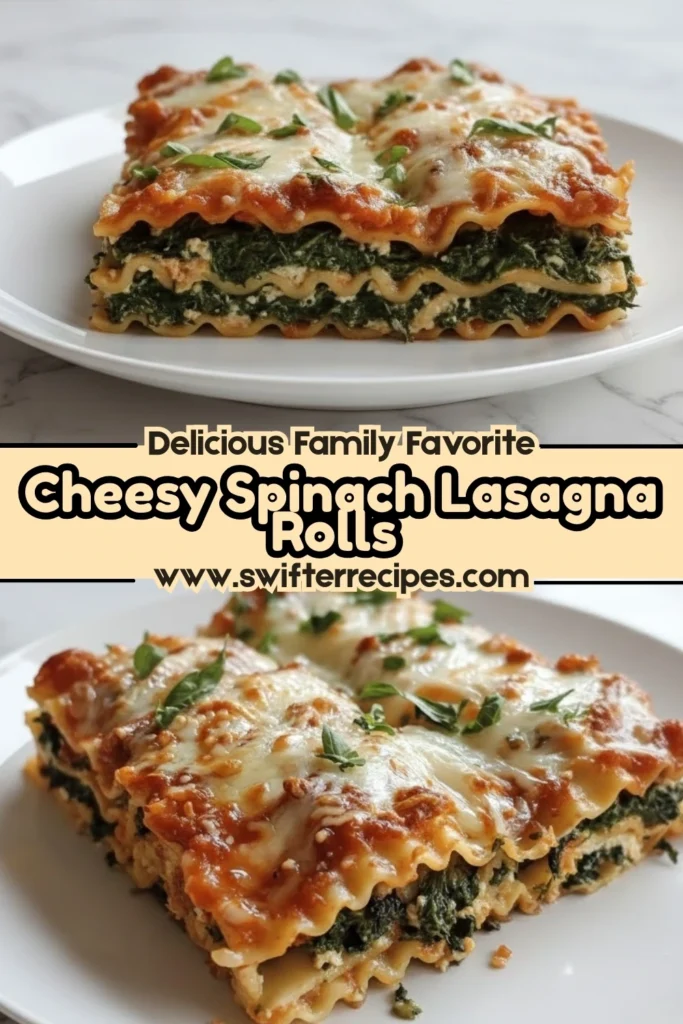 Cheesy Spinach Lasagna Rolls layered with creamy ricotta, fresh spinach, and marinara sauce, topped with melted mozzarella and basil, served on a white plate.