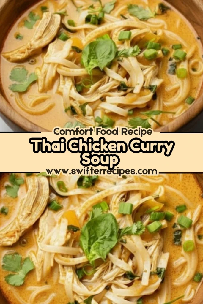 Bowl of Thai Chicken Curry Soup with rice noodles, shredded chicken, and fresh herbs in a wooden bowl
