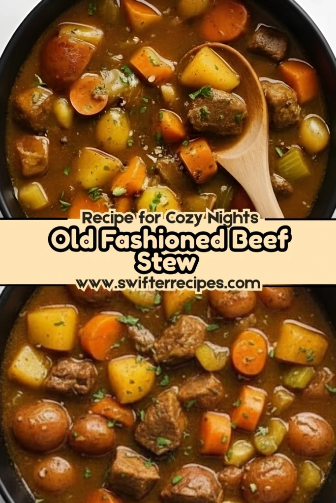 Old Fashioned Beef Stew with potatoes, carrots, and beef chunks in a savory broth served in a black bowl.