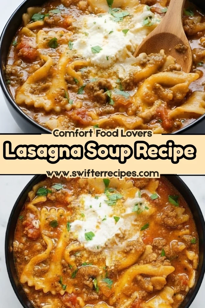 Delicious lasagna soup with ground beef, pasta, and melted cheese in a rich tomato broth