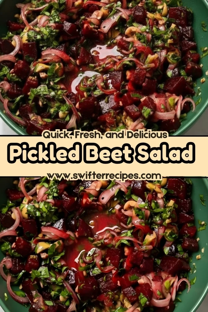 Vibrant pickled beet salad with fresh herbs, onions, and pistachios in a green bowl.