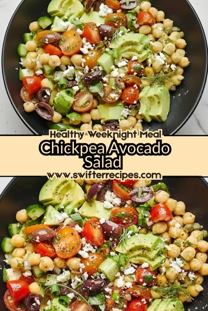 Chickpea Avocado Salad with Cherry Tomatoes, Cucumbers, Olives, and Feta