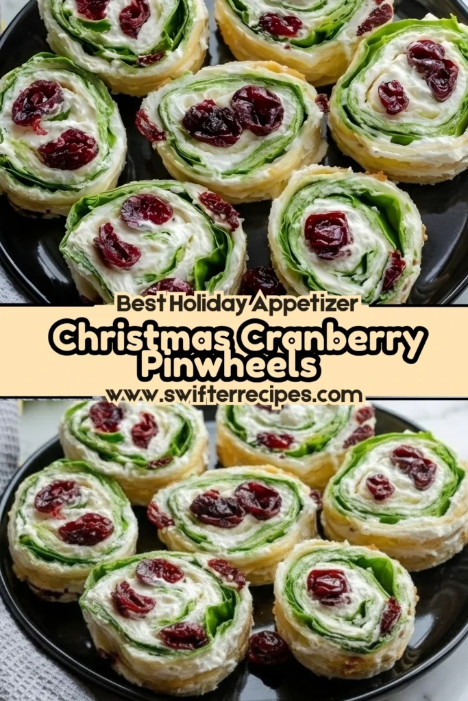 Christmas Cranberry Pinwheels Recipe with cream cheese spinach and dried cranberries on a black plate perfect for holiday appetizer or party snack