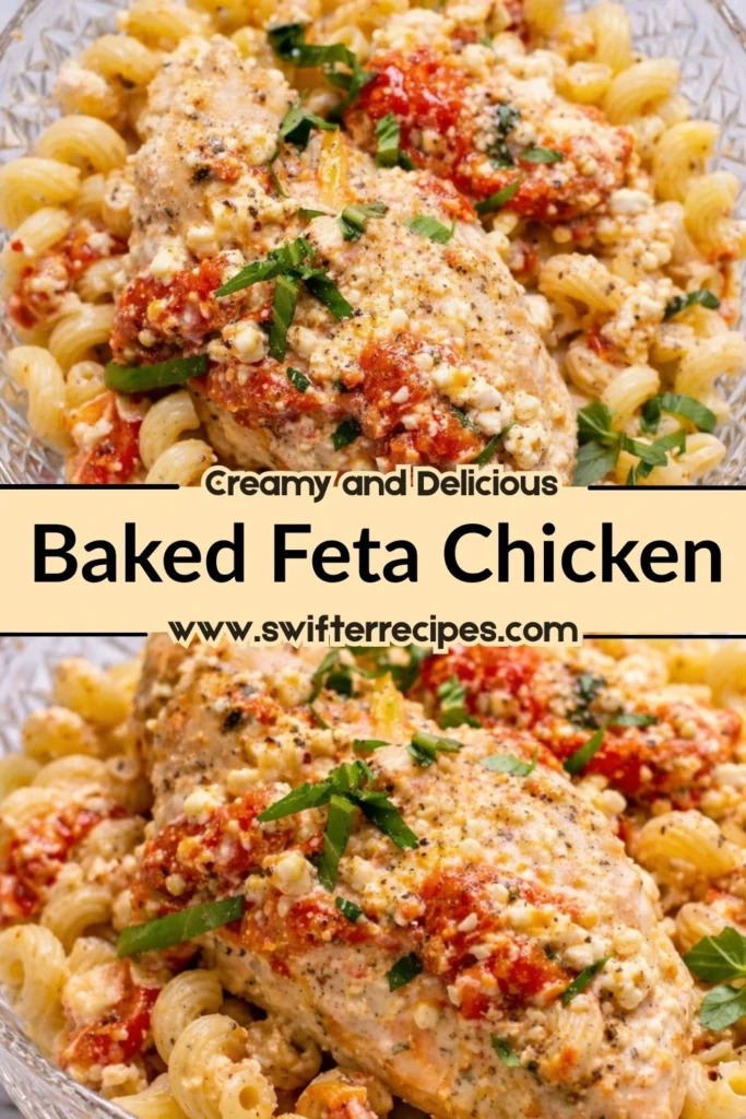 Creamy baked feta chicken served over pasta with tomatoes and basil, text overlay from swifterrecipes.com