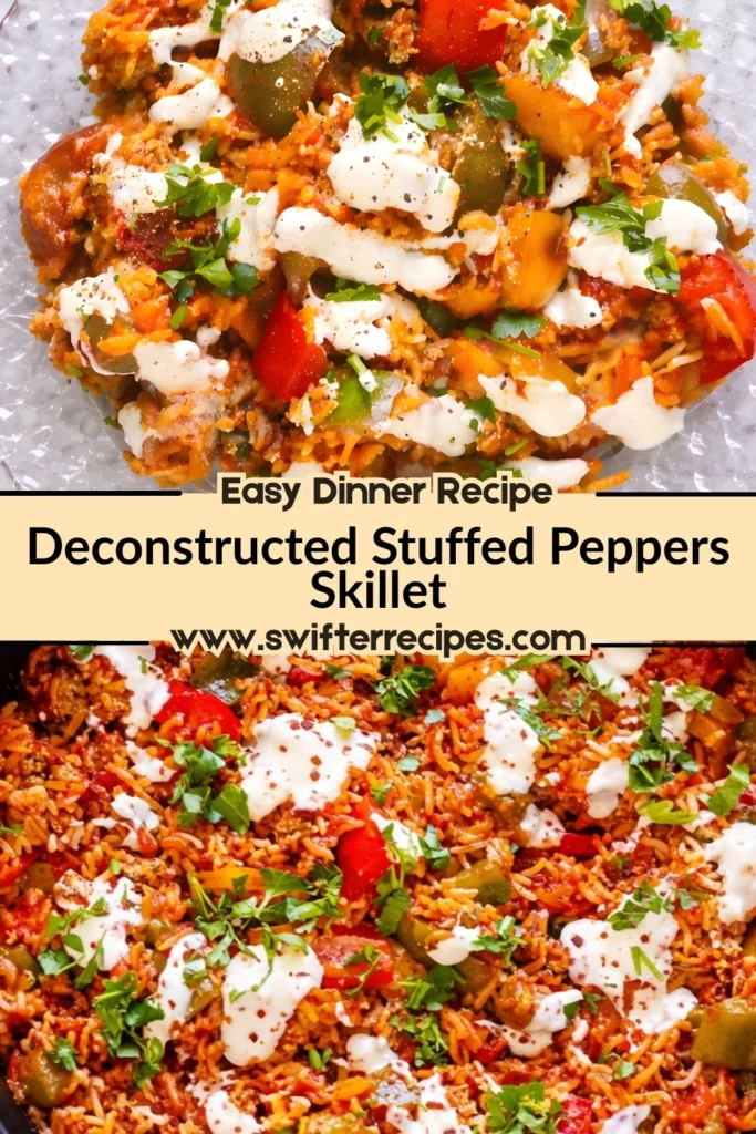 Deconstructed Stuffed Peppers Skillet easy dinner recipe with rice ground turkey bell peppers marinara sauce sour cream and fresh parsley