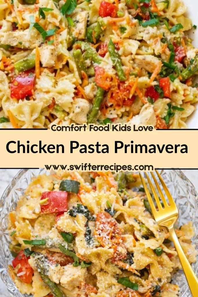 Chicken pasta primavera with vegetables in creamy sauce and swifterrecipes.com branding