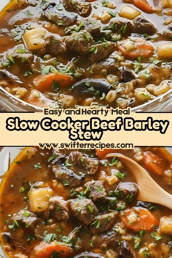 Hearty Slow Cooker Beef Barley Stew with tender beef, carrots, mushrooms, and potatoes in a rich broth, garnished with parsley and served in a glass bowl.